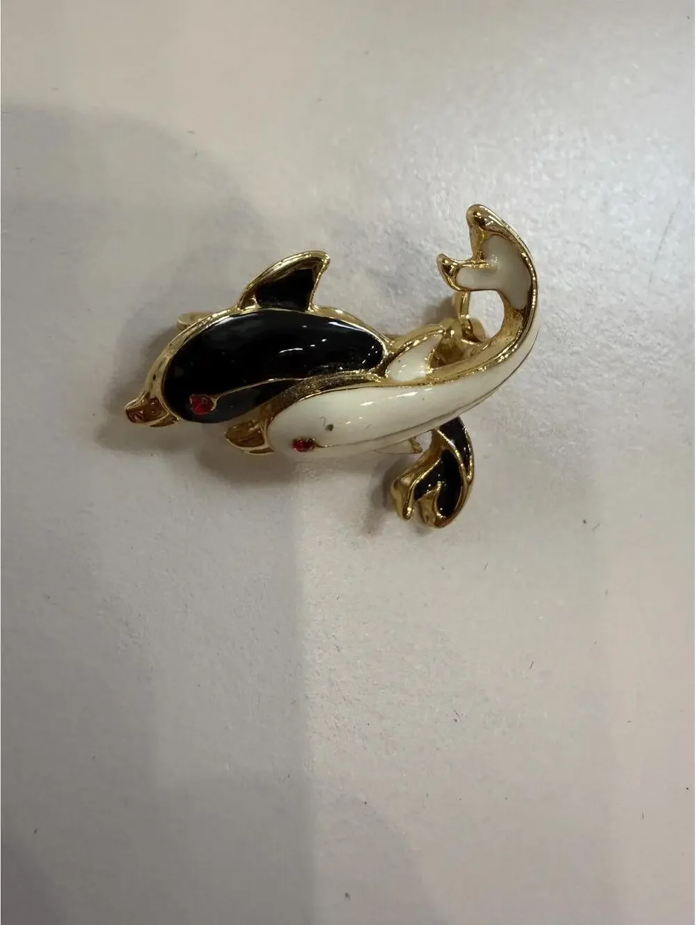 Vintage Dolphin Entwined Enamel Brooch Pin